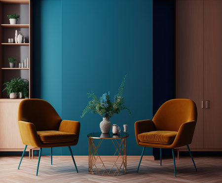 Interior of modern living room with blue walls, wooden floor, comfortable armchairs and bookcase. 3d renderingの写真素材