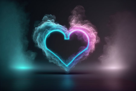Abstract neon heart shape with smoke on dark background. Love concept.の写真素材