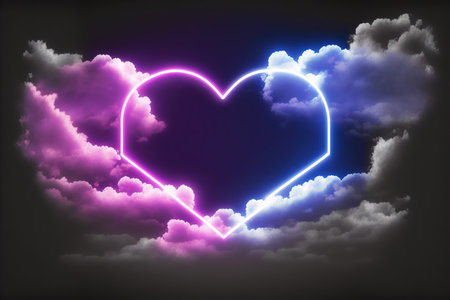 Glowing neon heart in the clouds, 3d rendering. Computer digital drawing.の写真素材