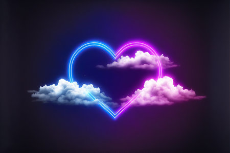 Glowing neon heart with clouds on dark background. Valentine's day conceptの写真素材