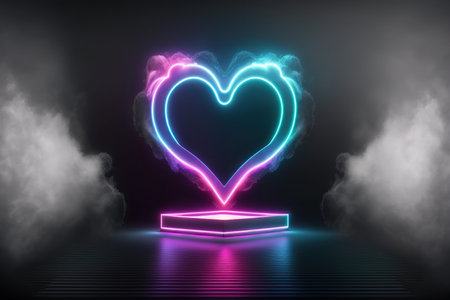 Neon heart on pedestal in dark room with smoke. 3D renderingの写真素材