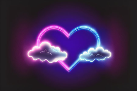Neon heart with clouds and arch on a dark background. 3D illustrationの写真素材