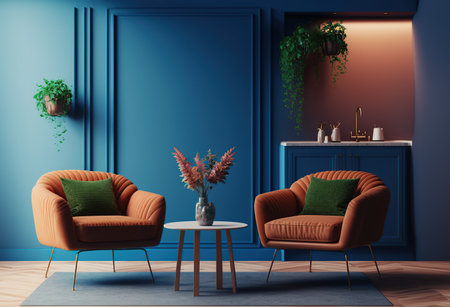 Interior of modern living room with blue walls, wooden floor, two orange armchairs and coffee table. 3d renderの写真素材