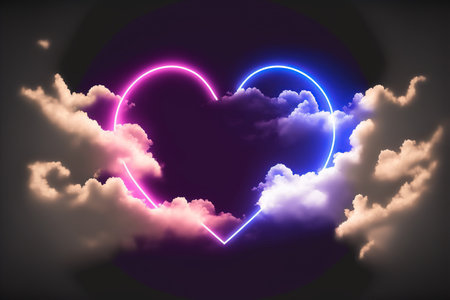Glowing neon heart on dark background with clouds. Valentine's day conceptの写真素材