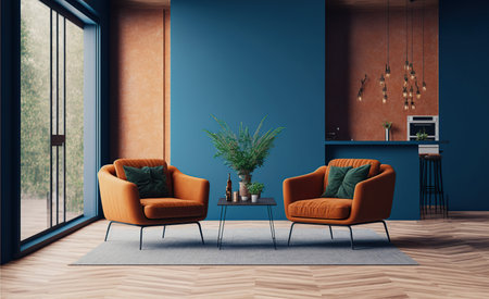 Interior of modern living room with blue walls, wooden floor, comfortable orange armchairs standing near round coffee table with green cushions. 3d renderingの写真素材