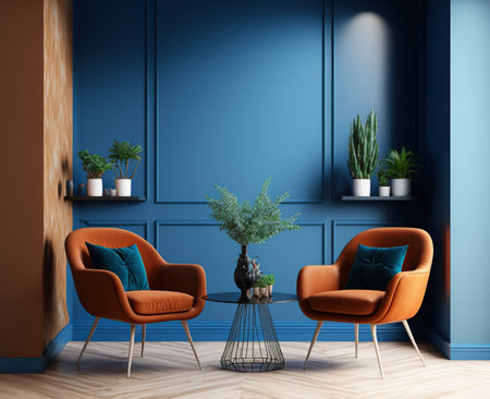 Interior of modern living room with blue walls, wooden floor, comfortable orange armchairs and plant in vase. 3d renderingの写真素材