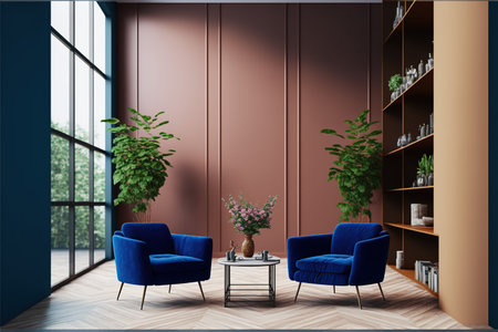 Interior of modern living room with dark red walls, wooden floor, comfortable armchairs standing near coffee table and bookcase. 3d renderingの写真素材