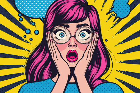 Surprised young woman in pop art comic style. illustrationの写真素材