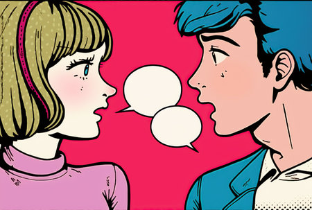 man and woman in pop art retro style with speech bubbles. illustrationの写真素材