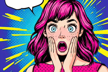Surprised girl with open mouth. Pop art retro illustrationの写真素材
