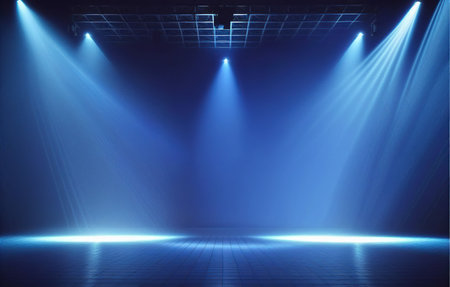 Blue stage background with spotlights. Empty stage background with spotlightsの写真素材