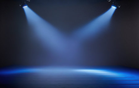 Blue stage with spotlights. Empty stage background. 3d renderの写真素材