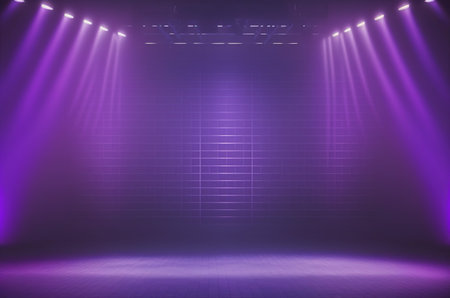 Purple stage background with spotlights, 3d render, square imageの写真素材