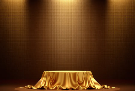 Golden podium with gold drapery and spotlights on brown backgroundの写真素材