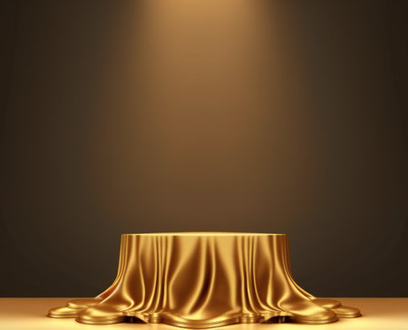 Golden podium with gold cloth on a dark background. 3d renderingの写真素材
