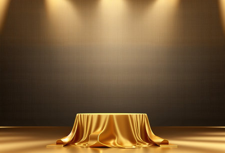 Stage background with golden cloth and spotlights.の写真素材