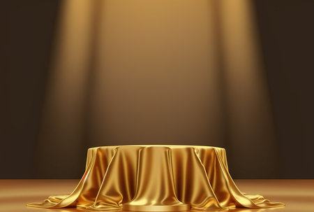 Golden pedestal with gold cloth on dark background. 3d renderingの写真素材
