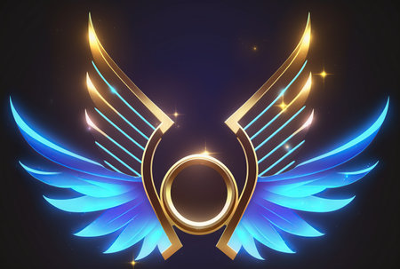 illustration of a blue and golden wings on a dark background.の写真素材