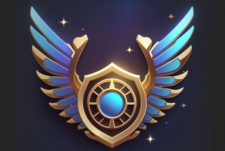 Golden shield with wings on a dark blue background.の写真素材