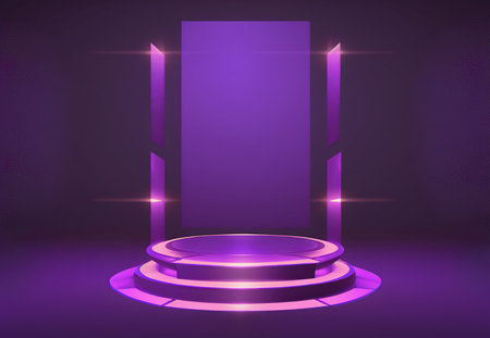 Abstract round podium illuminated with neon light. Purple background. 3d renderの写真素材
