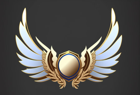 golden shield with wings and laurel wreath on black backgroundの写真素材