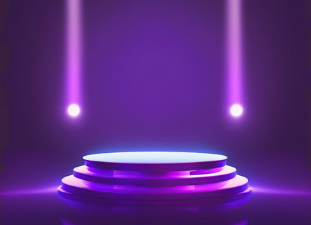 Abstract round podium illuminated with spotlight. Award ceremony concept. Stage backdrop.の写真素材