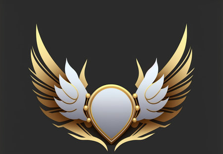 Luxury golden shield with wings on black background.の写真素材