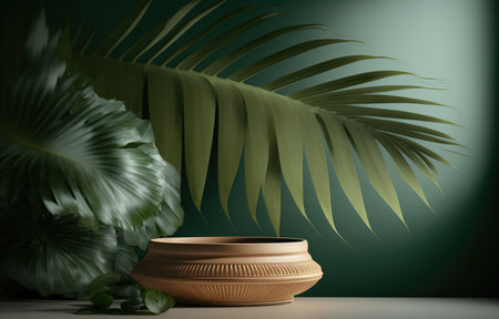 3d render of podium for product presentation with tropical leaves in backgroundの写真素材