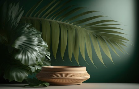 3d render of empty podium with tropical leaves. Mock up for product displayの写真素材