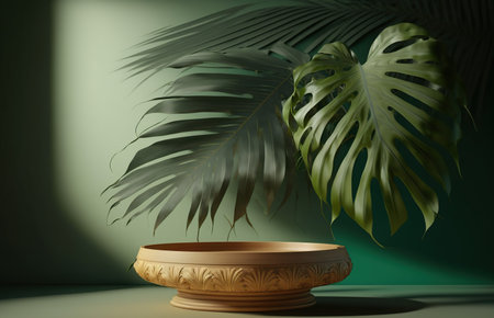 3d render of empty podium with monstera leaf on green backgroundの写真素材