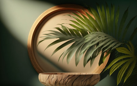 Wooden round podium with palm leaves on green wall background. 3d renderの写真素材
