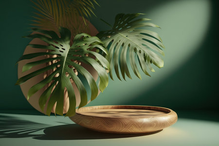 Wooden podium and monstera leaf on green background. 3D renderingの写真素材