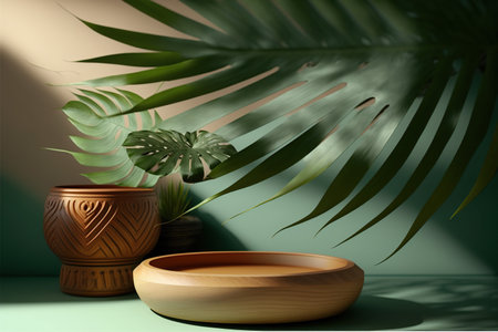 3D render of a tropical interior with palm leaves and a wooden podiumの写真素材