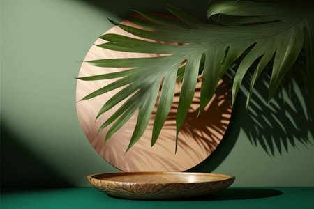 Wooden round podium on green background with palm leaf. 3d renderの写真素材