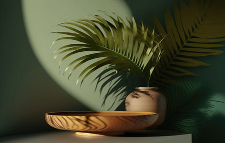 3d render of a round wooden podium with a palm leaf in a vaseの写真素材