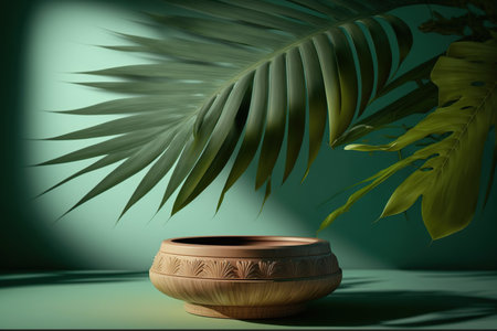 3d rendering of a clay pot with a palm leaf on a green backgroundの写真素材