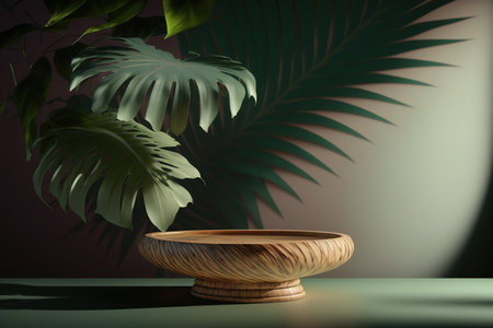 3D rendering of a wooden product stand with a tropical plant.の写真素材