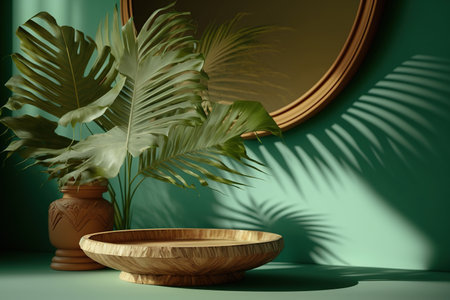 3d render of minimal display podium with tropical palm leaves. Mock up for product design.の写真素材