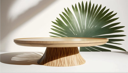 Wooden round stand for product presentation with palm leaf shadow on the wallの写真素材