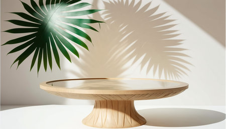 Wooden round table with tropical leaves shadow on white wall. 3D renderingの写真素材