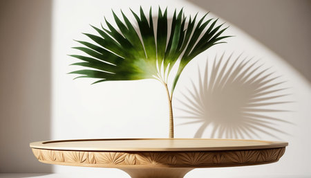 3d render of a palm leaf on a wooden podium in a roomの写真素材