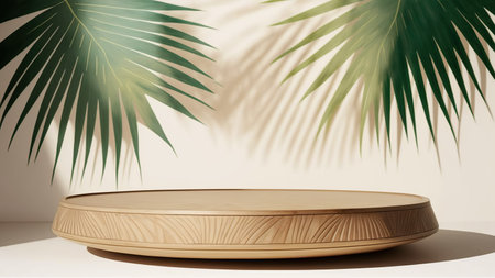 Wooden round podium and palm leaves on white background. 3D renderingの写真素材