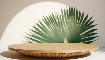 3d render of a round wooden podium with a palm leaf on a white backgroundの写真素材