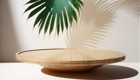 Wooden round podium with palm leaf shadow on the wall. 3D renderingの写真素材