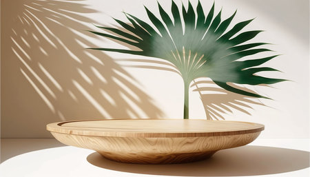 Wooden product stand with palm leaf shadow on the wall. 3D renderingの写真素材