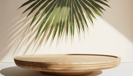 Wooden round podium on white background with palm leaf shadow. 3D renderingの写真素材