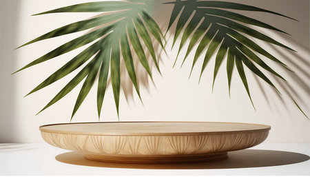 3d render of round wooden podium with palm leaves on white backgroundの写真素材