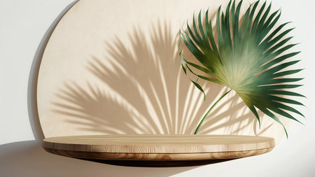 3d render of minimal product display podium with palm leaves shadows.の写真素材