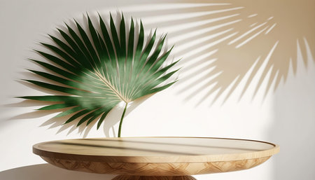 Wooden podium with palm leaf on white wall background. 3d renderの写真素材