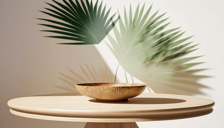 Wooden bowl on white background with palm leaves. 3d renderingの写真素材